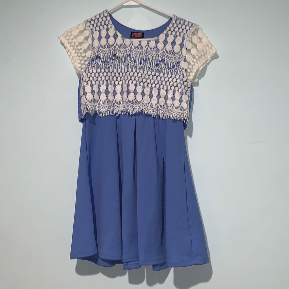 Brand is Famous Pink, Its a cornflower blue dress with white lace.